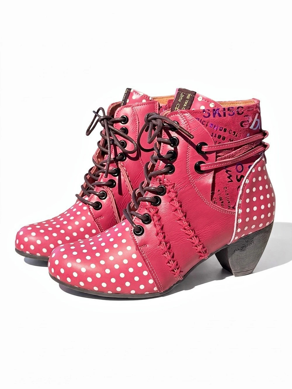 Red and White Polka Dot Eclectic Retro Lace-Up Leather Ankle Boots Brand New